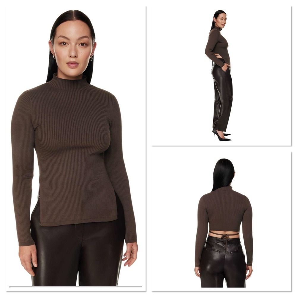 Aritzia Babaton Sculpt Knit Tie-Back Long sleeve Rib Mock Neck Shirt Mocha Small